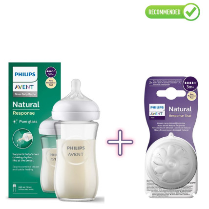 Philips Avent SCY933/01 Klaasist lutipudel lastele vanuses 1+ kuud, 240ml + SCY964/02 Silikoonist lutt lutipudelile